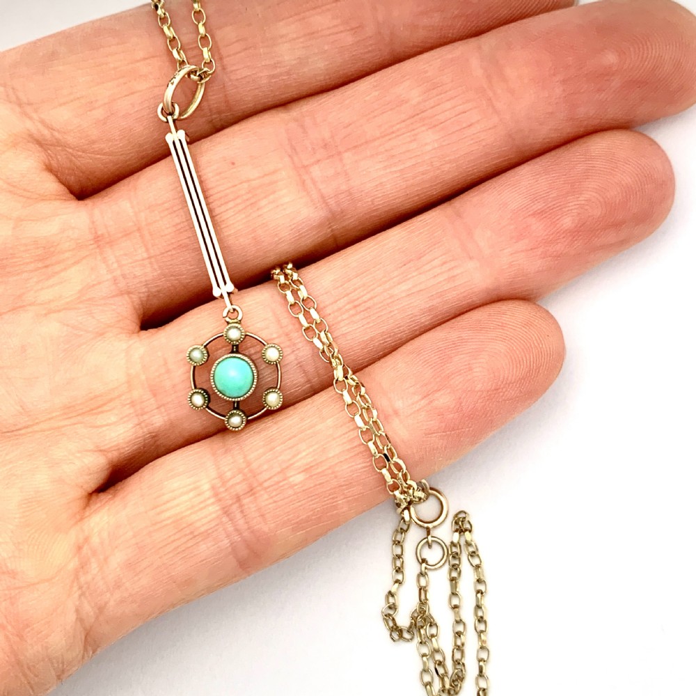 Edwardian-Art Deco 9CT Gold Turquoise and Pearl Vertical Bar Pendant Necklace View VII