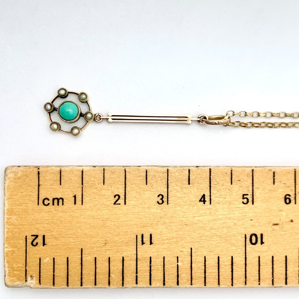 Edwardian-Art Deco 9CT Gold Turquoise and Pearl Vertical Bar Pendant Necklace View VIII