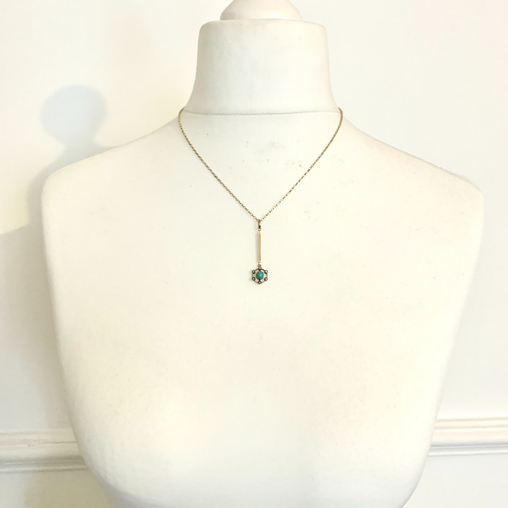 Edwardian-Art Deco 9CT Gold Turquoise and Pearl Vertical Bar Pendant Necklace View IX