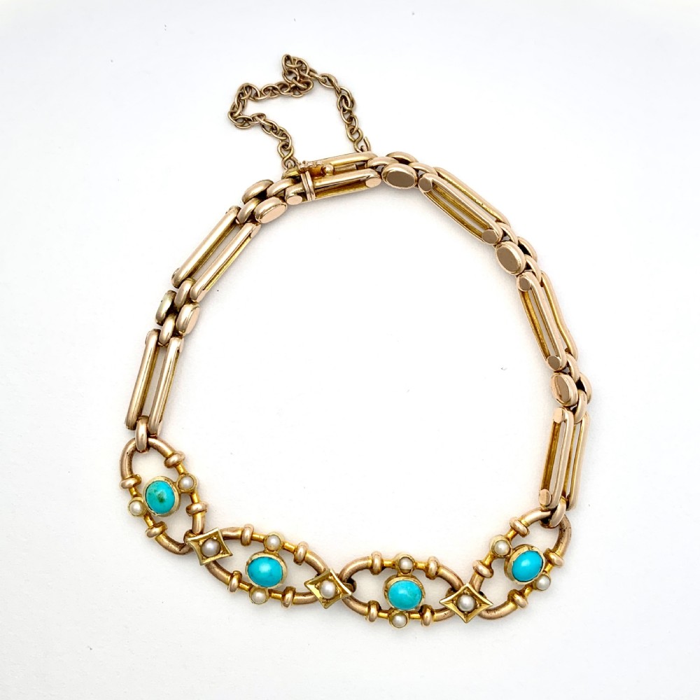 Victorian Turquoise and Pearl 15CT Gold Fancy Link Bracelet