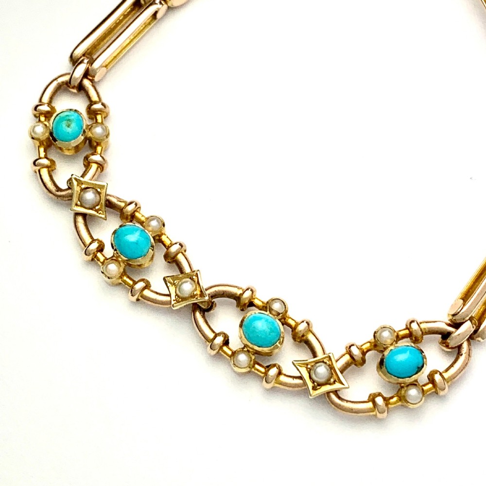 Victorian Turquoise and Pearl 15CT Gold Fancy Link Bracelet View II