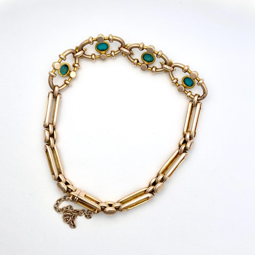 Victorian Turquoise and Pearl 15CT Gold Fancy Link Bracelet View III