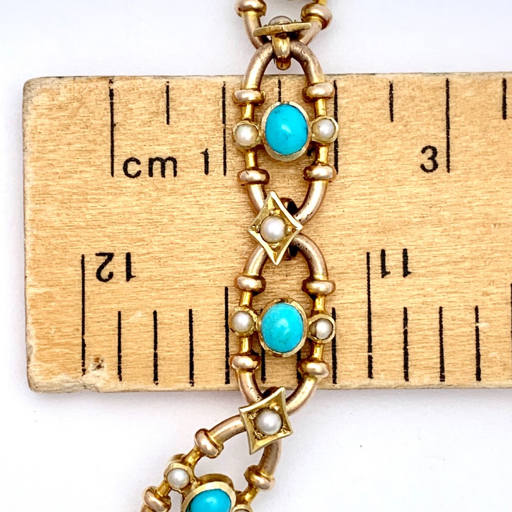 Victorian Turquoise and Pearl 15CT Gold Fancy Link Bracelet View V