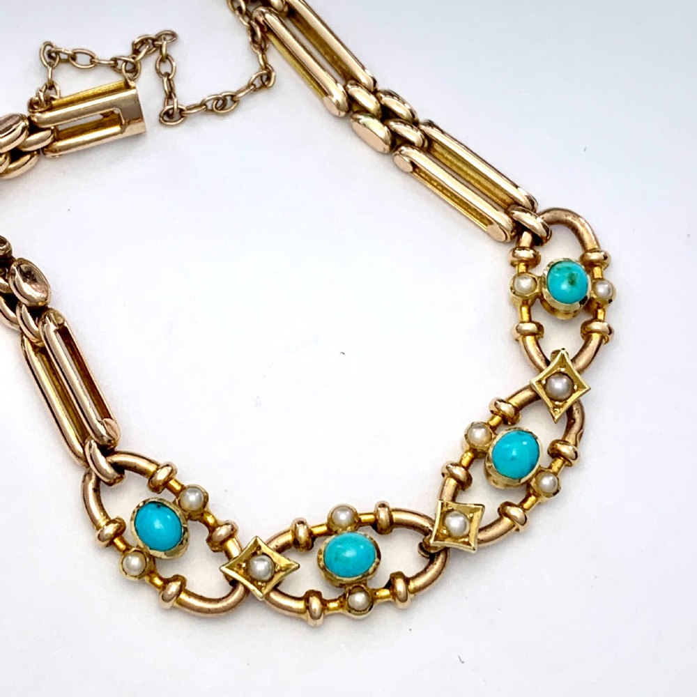 Victorian Turquoise and Pearl 15CT Gold Fancy Link Bracelet View VI