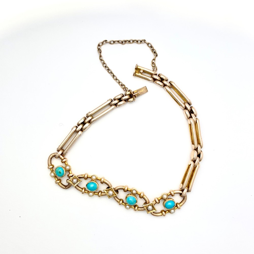 Victorian Turquoise and Pearl 15CT Gold Fancy Link Bracelet View VII