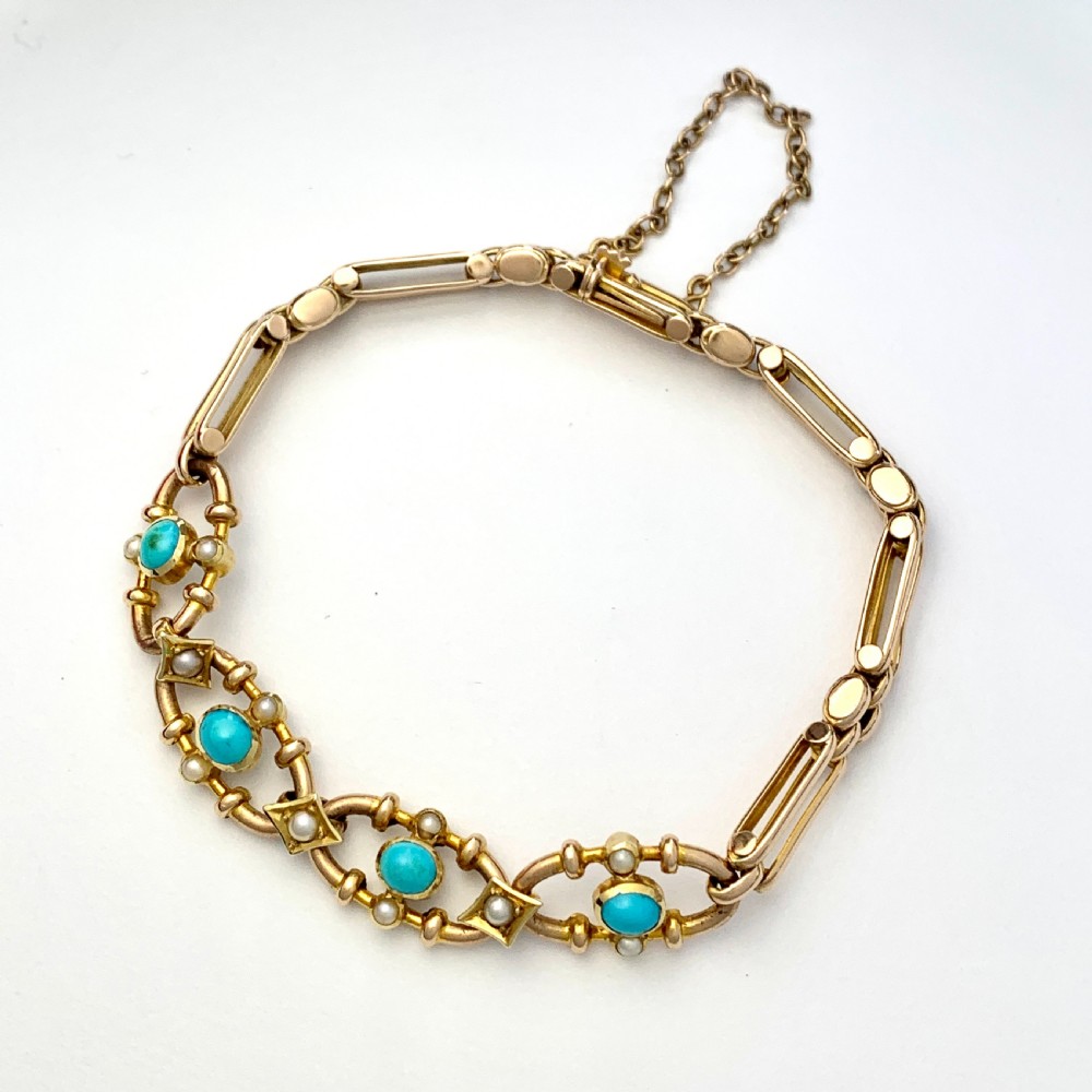Victorian Turquoise and Pearl 15CT Gold Fancy Link Bracelet View VIII