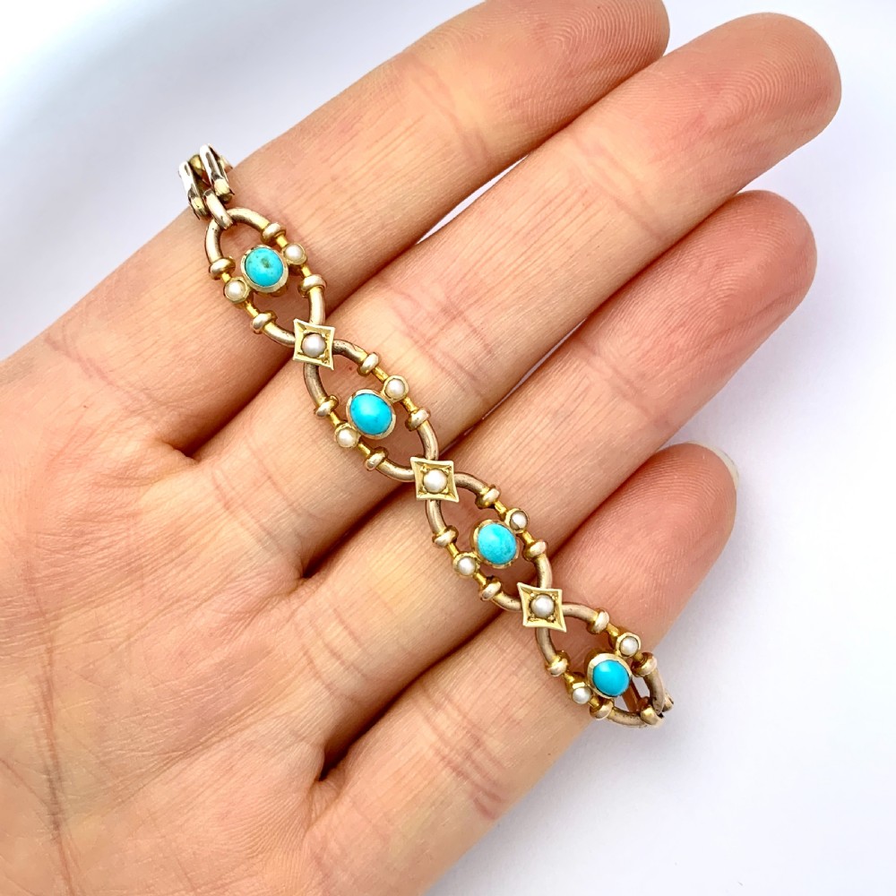 Victorian Turquoise and Pearl 15CT Gold Fancy Link Bracelet View IX