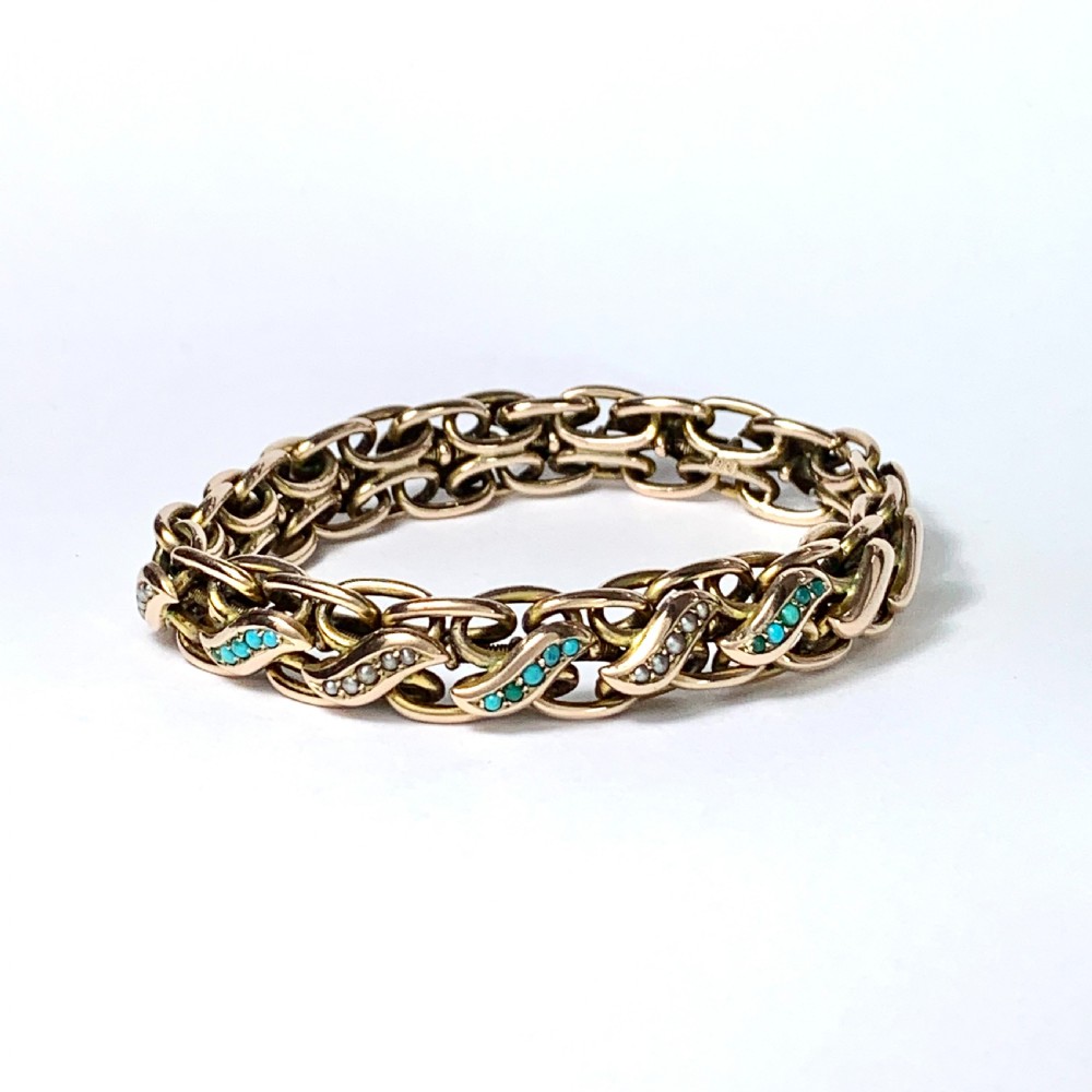Victorian Turquoise and Pearl 9CT Rose Gold Expansion Bracelet