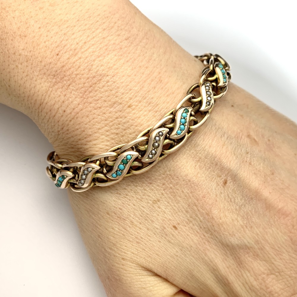 Victorian Turquoise and Pearl 9CT Rose Gold Expansion Bracelet View III
