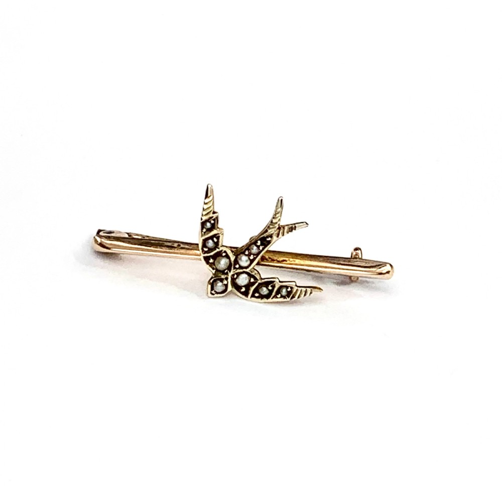Edwardian 1906 Pearl Swallow Brooch in 9CT Gold