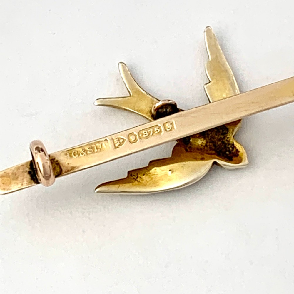 Edwardian 1906 Pearl Swallow Brooch in 9CT Gold View III
