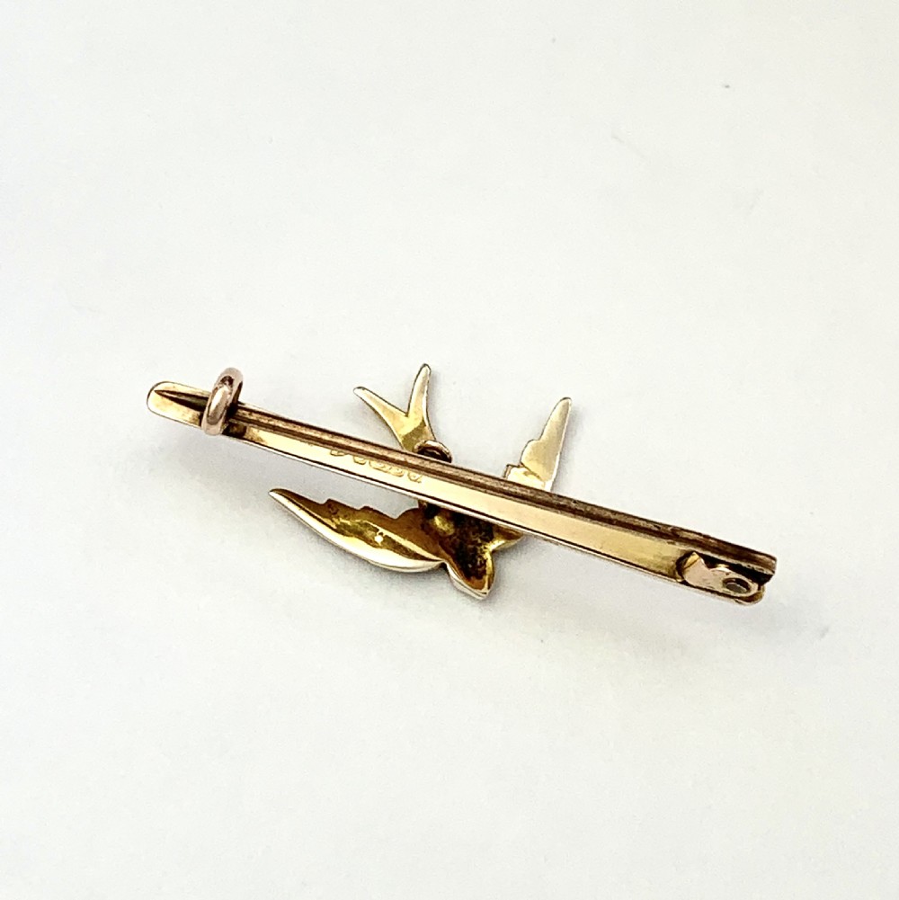 Edwardian 1906 Pearl Swallow Brooch in 9CT Gold View IV