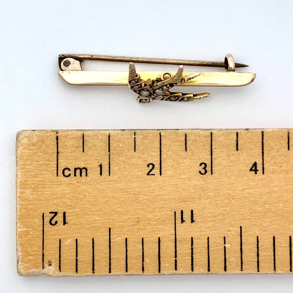 Edwardian 1906 Pearl Swallow Brooch in 9CT Gold View V