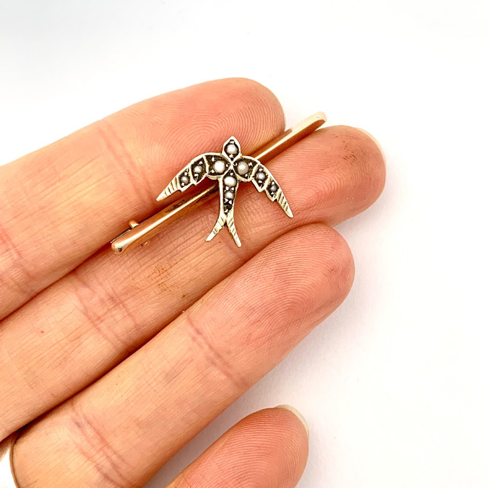 Edwardian 1906 Pearl Swallow Brooch in 9CT Gold View VI