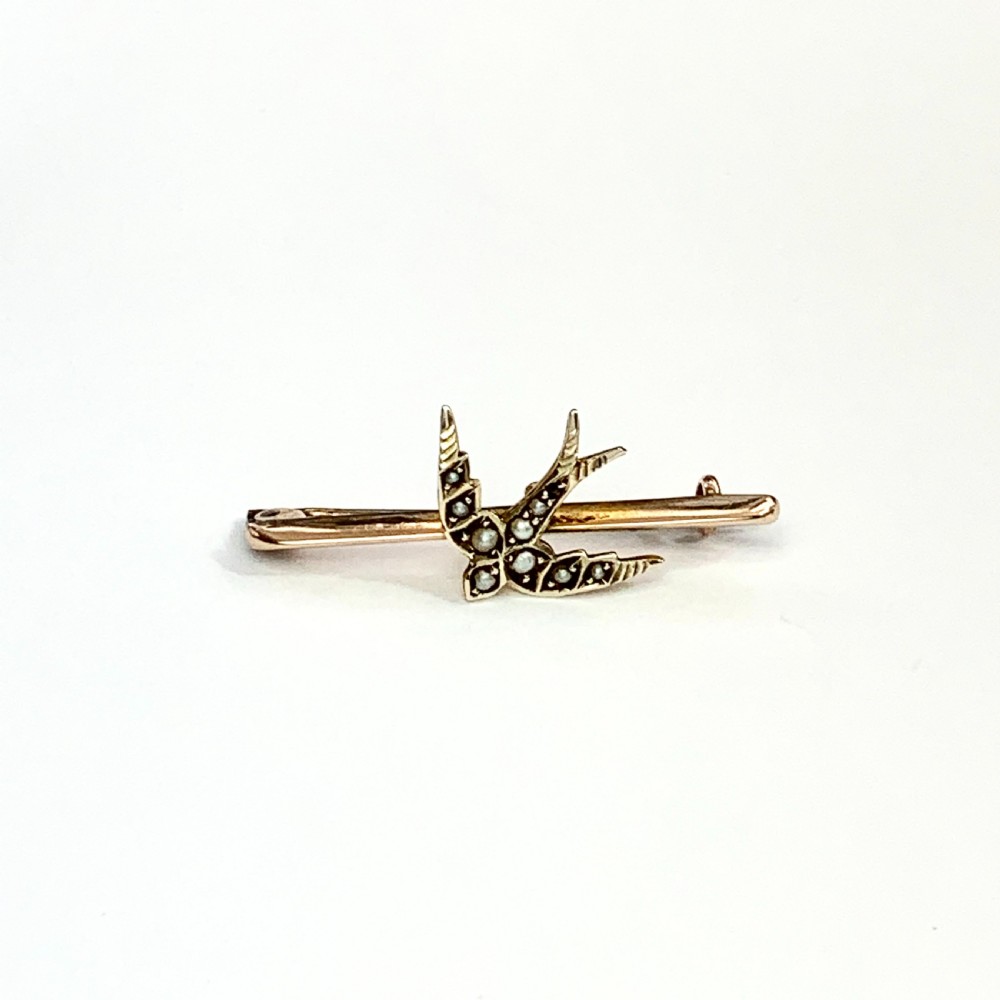 Edwardian 1906 Pearl Swallow Brooch in 9CT Gold View VIII