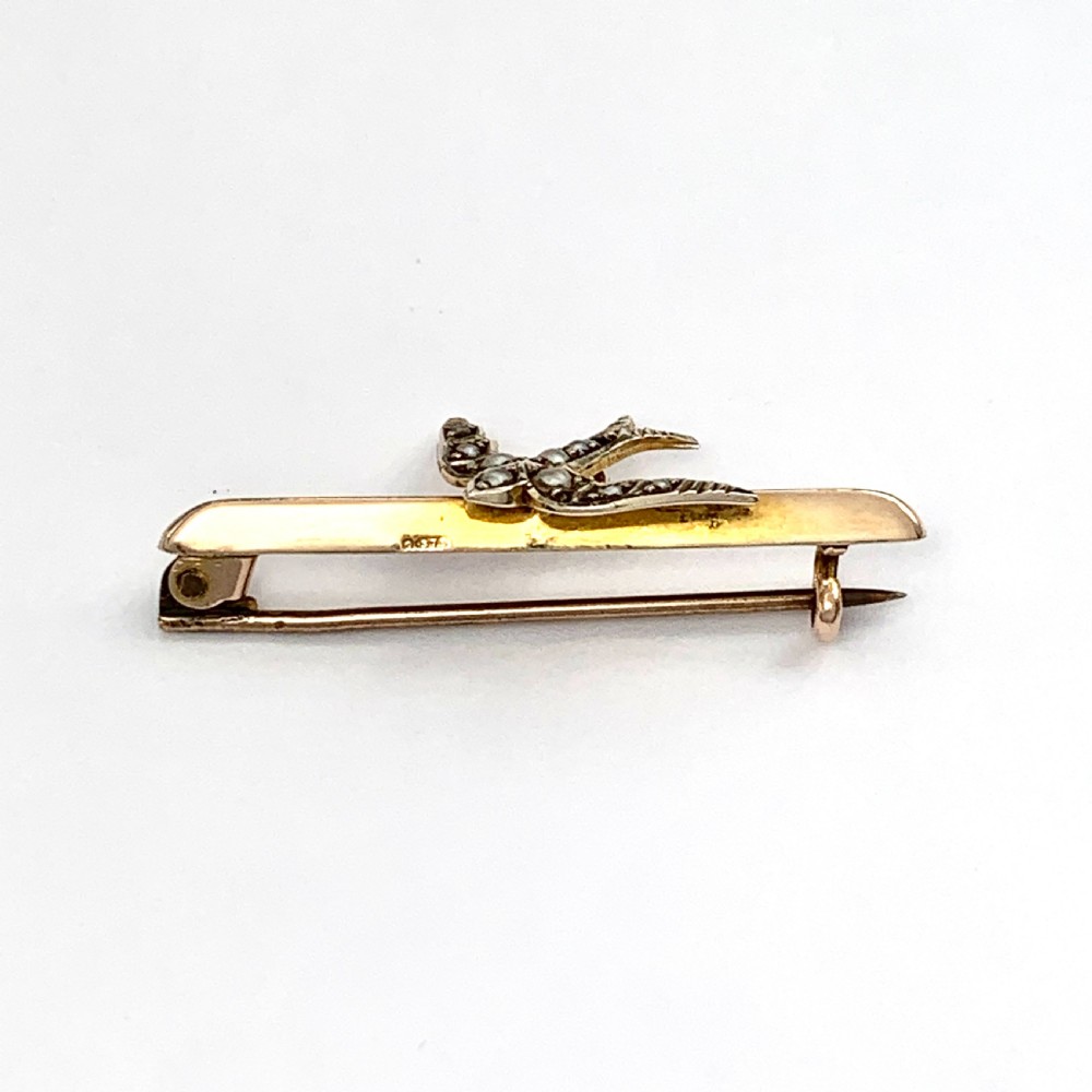 Edwardian 1906 Pearl Swallow Brooch in 9CT Gold View IX