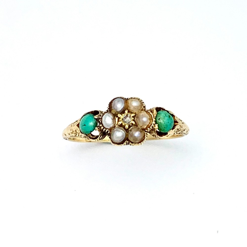 Victorian 15CT Gold Diamond, Turquoise and Pearl Posy Ring with Locket Compartment