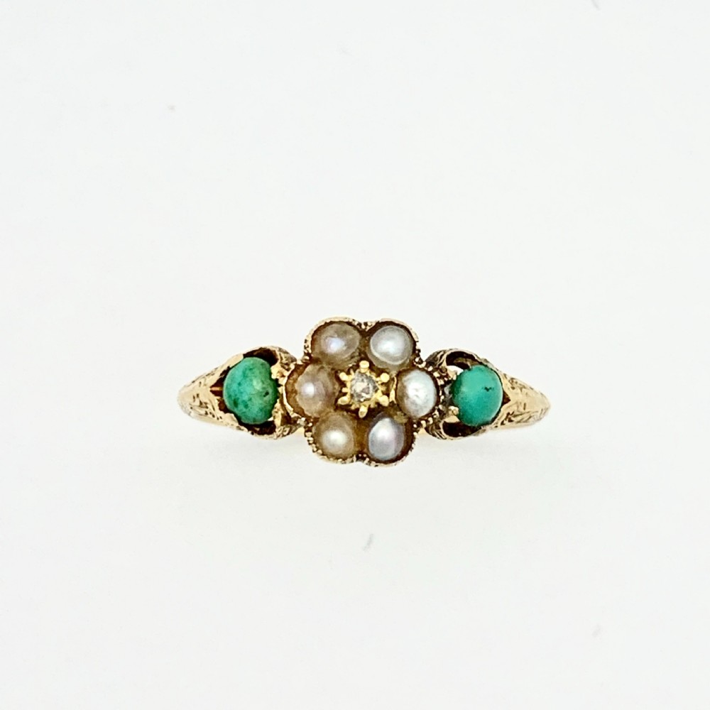 Victorian 15CT Gold Diamond, Turquoise and Pearl Posy Ring with Locket Compartment View IV