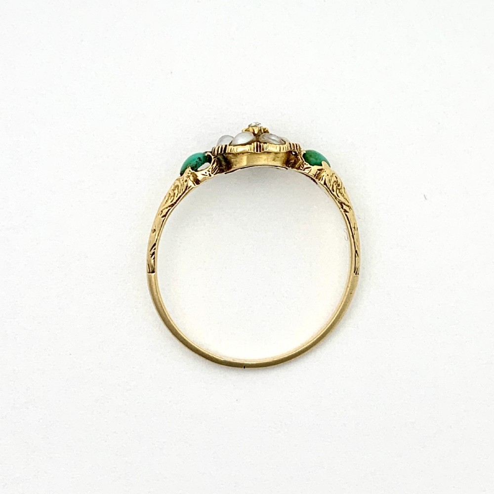 Victorian 15CT Gold Diamond, Turquoise and Pearl Posy Ring with Locket Compartment View V