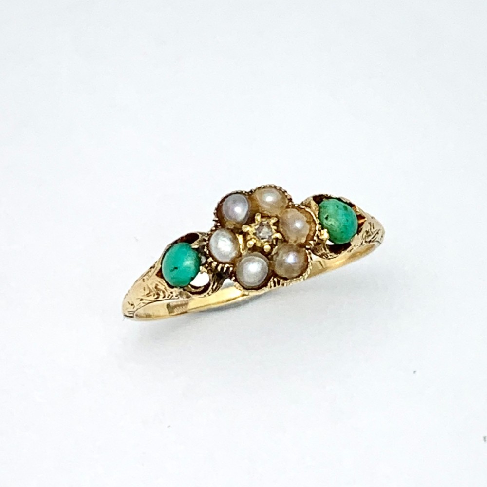 Victorian 15CT Gold Diamond, Turquoise and Pearl Posy Ring with Locket Compartment View VII