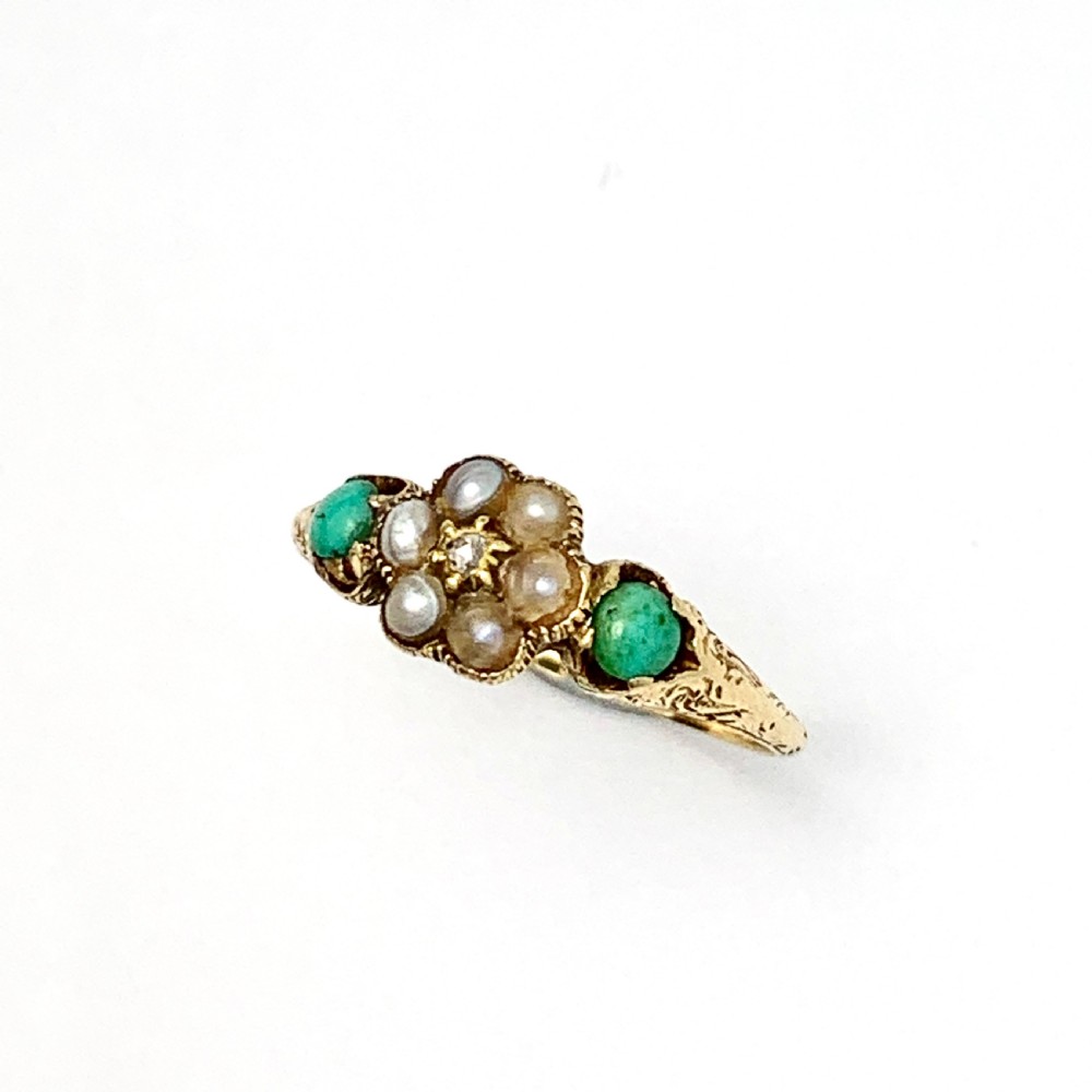 Victorian 15CT Gold Diamond, Turquoise and Pearl Posy Ring with Locket Compartment View VIII