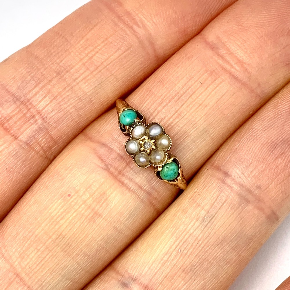 Victorian 15CT Gold Diamond, Turquoise and Pearl Posy Ring with Locket Compartment View IX