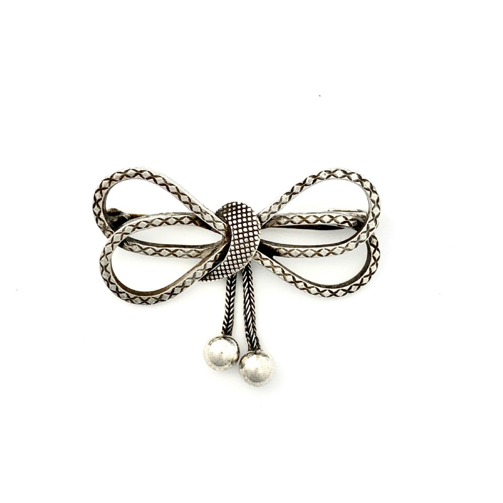 Victorian Silver Bow Brooch with Tassels View II