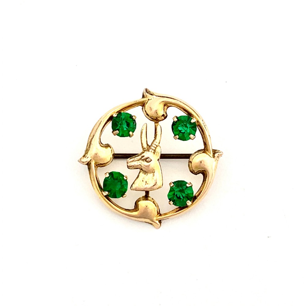 RESERVED • Victorian 9CT Gold Green Paste Antelope / Stag Brooch