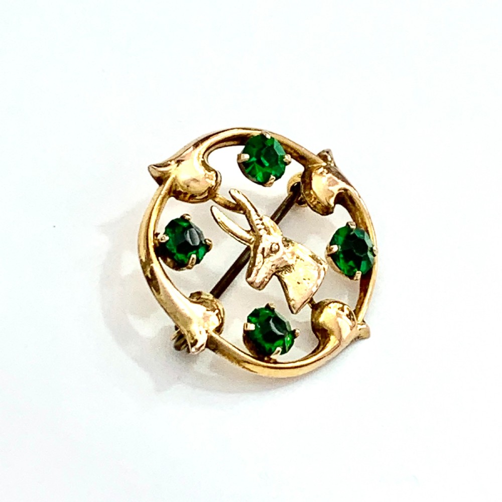 RESERVED • Victorian 9CT Gold Green Paste Antelope / Stag Brooch View III
