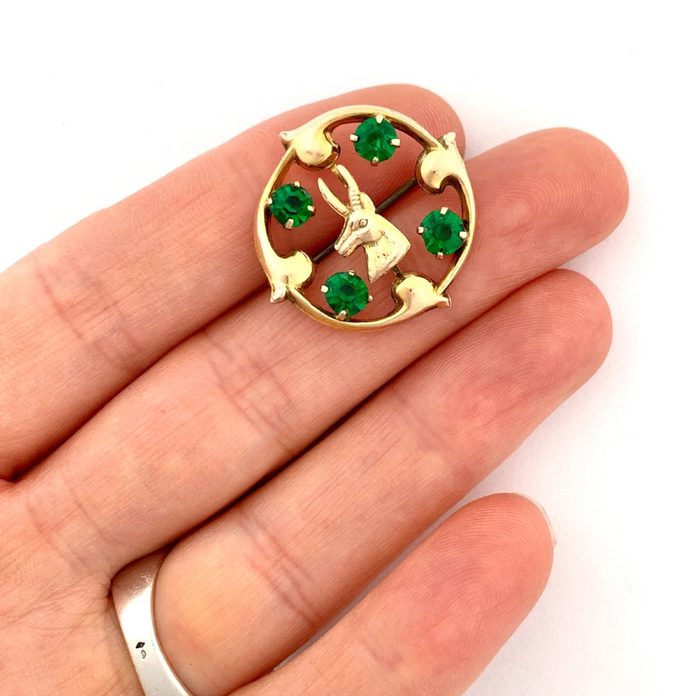RESERVED • Victorian 9CT Gold Green Paste Antelope / Stag Brooch View V