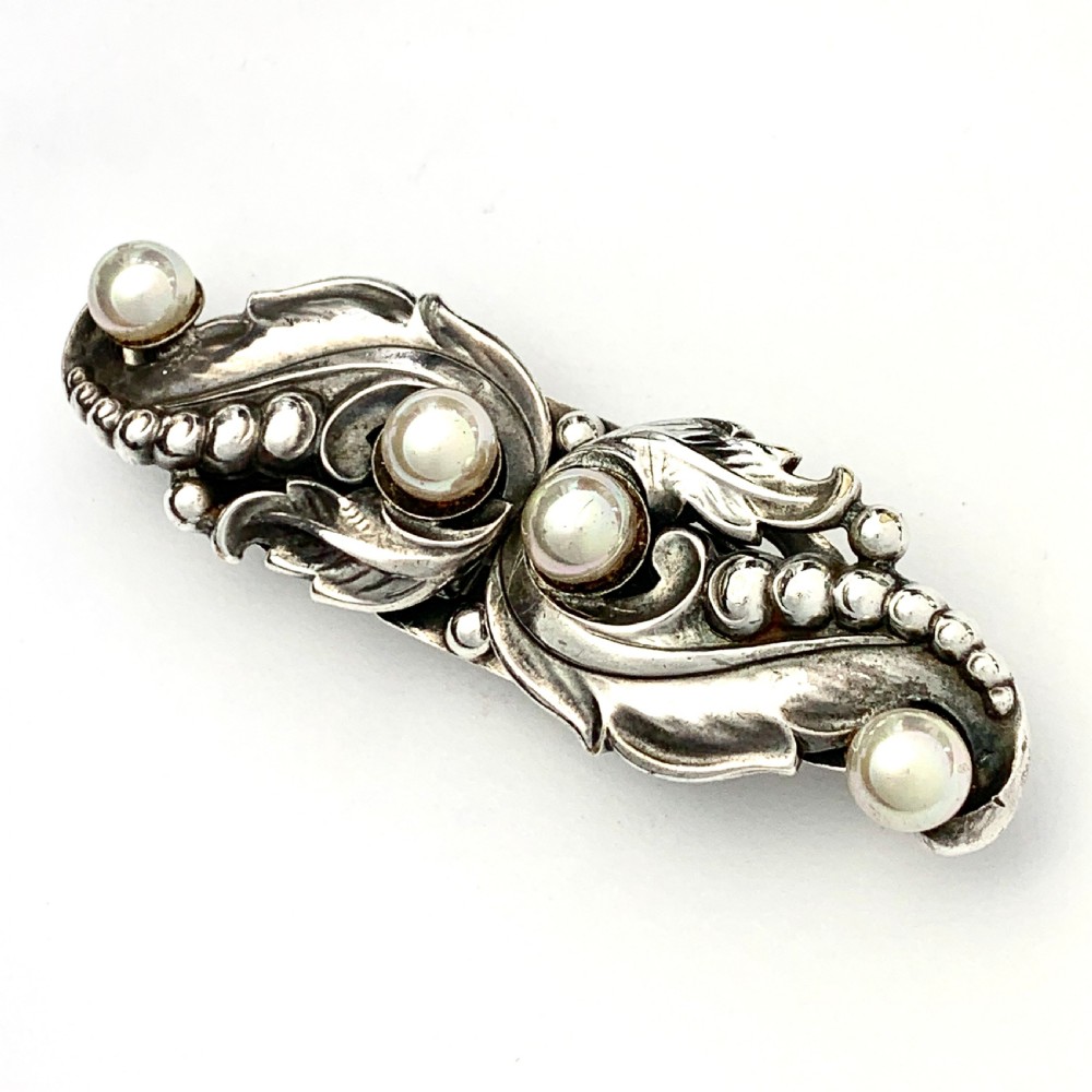 Vintage Silver Overlay Georg Jensen Style Pearl Brooch • Duette Dress Clips 