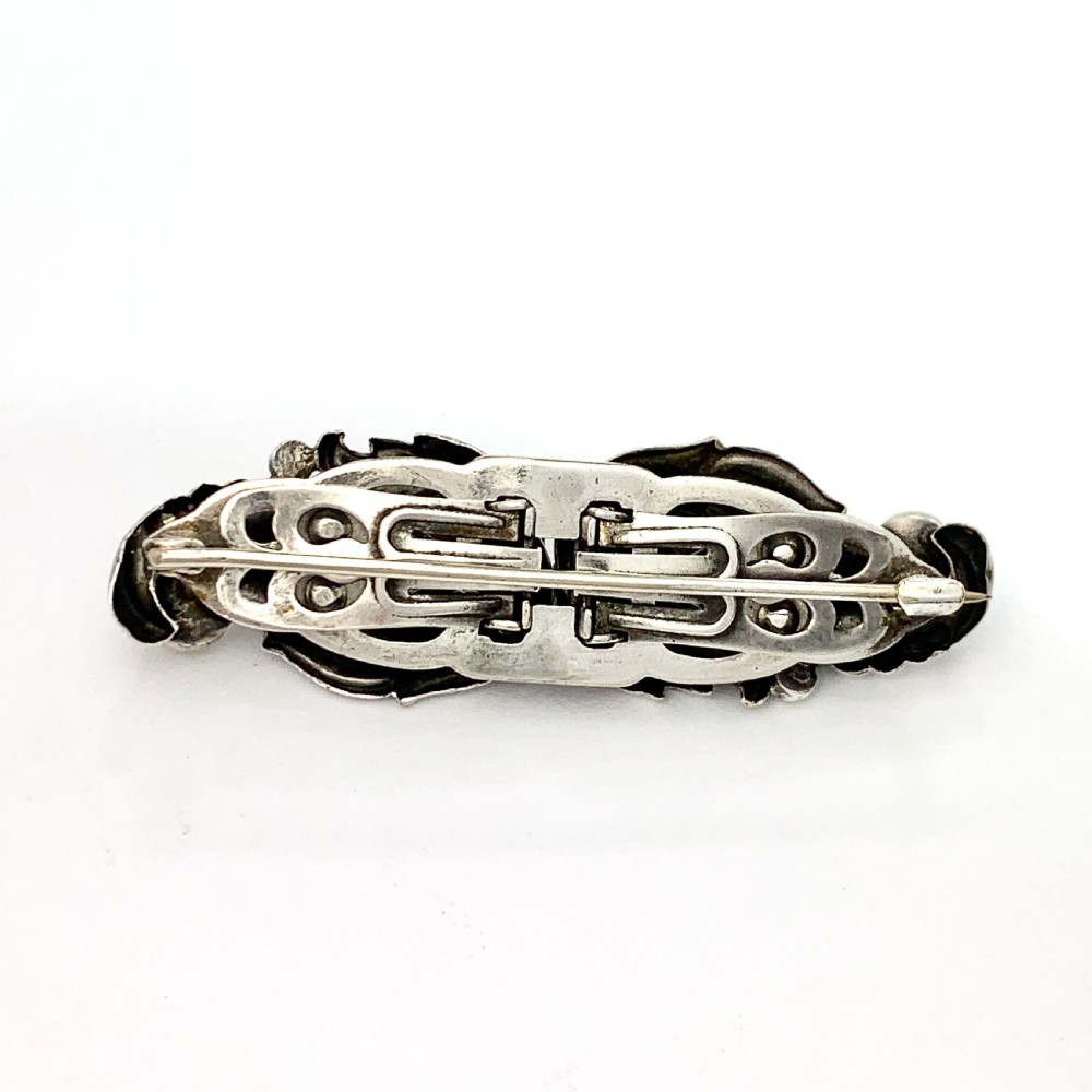 Vintage Silver Overlay Georg Jensen Style Pearl Brooch • Duette Dress Clips  View III