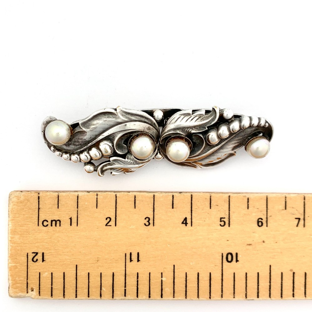 Vintage Silver Overlay Georg Jensen Style Pearl Brooch • Duette Dress Clips  View IV