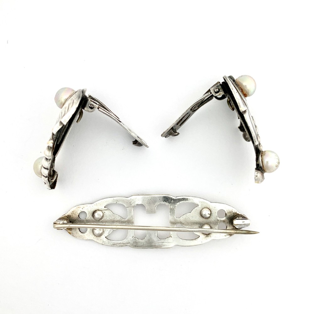 Vintage Silver Overlay Georg Jensen Style Pearl Brooch • Duette Dress Clips  View V