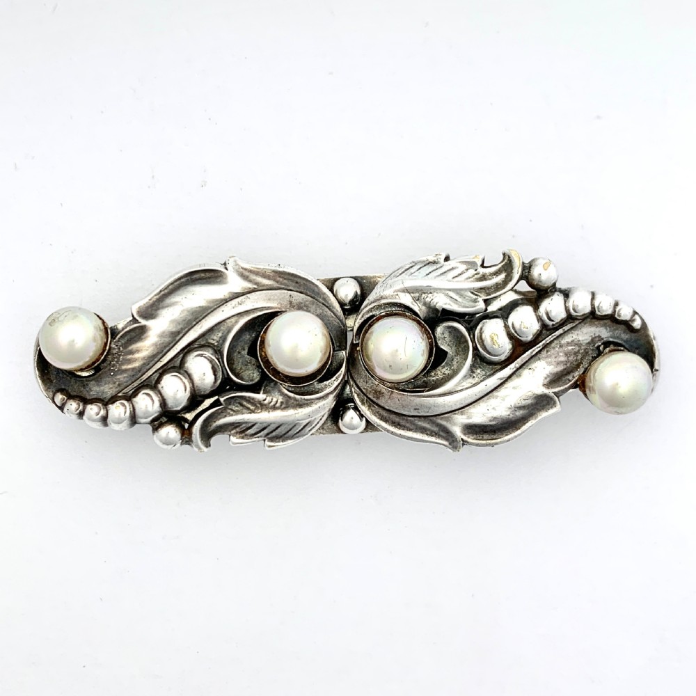 Vintage Silver Overlay Georg Jensen Style Pearl Brooch • Duette Dress Clips  View VI
