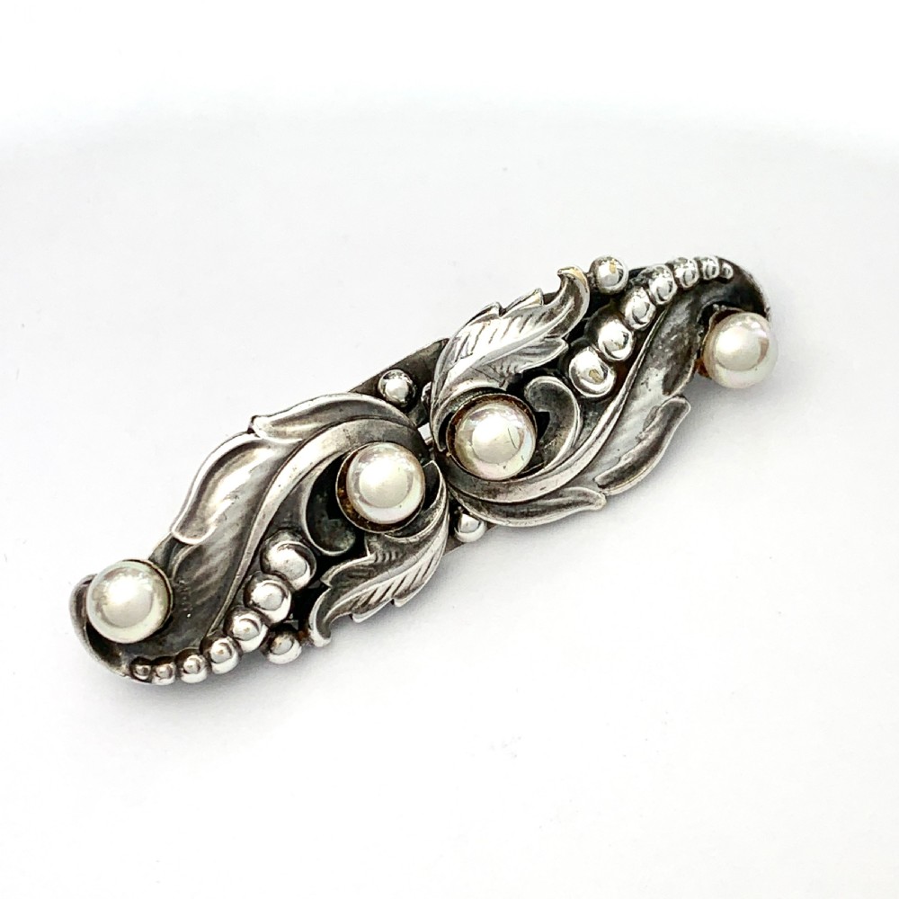 Vintage Silver Overlay Georg Jensen Style Pearl Brooch • Duette Dress Clips  View VII
