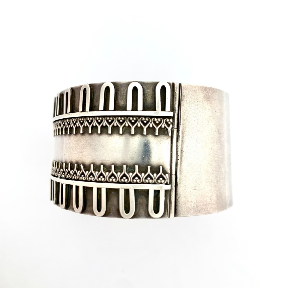 Victorian Wide Silver Etruscan Revival Hinged Cuff Bangle  View II