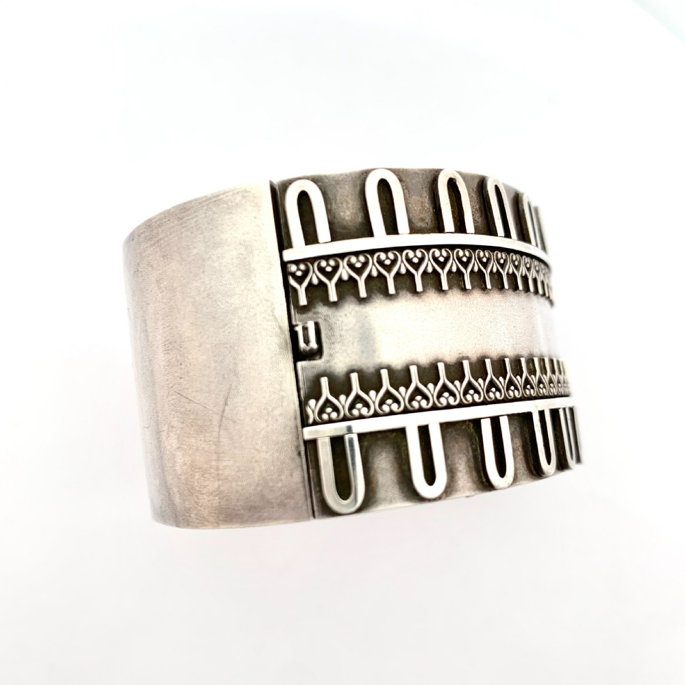 Victorian Wide Silver Etruscan Revival Hinged Cuff Bangle  View III