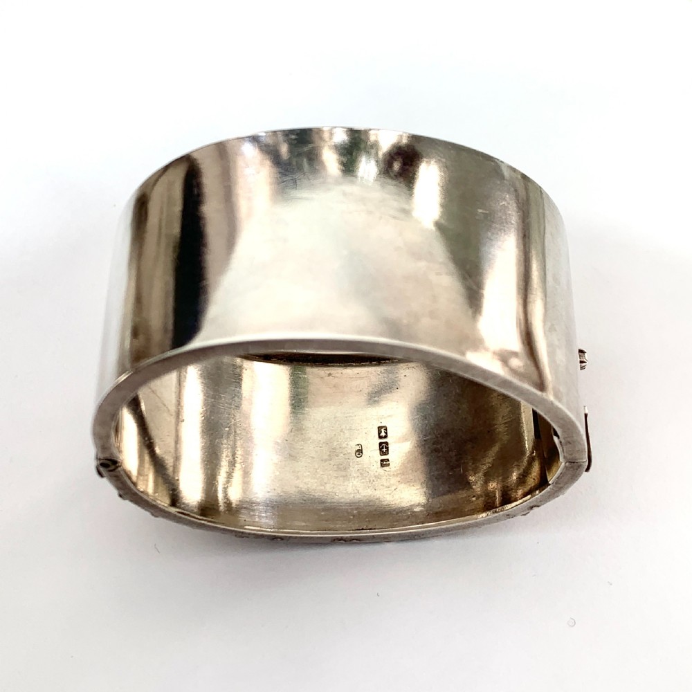 Victorian Wide Silver Etruscan Revival Hinged Cuff Bangle  View V
