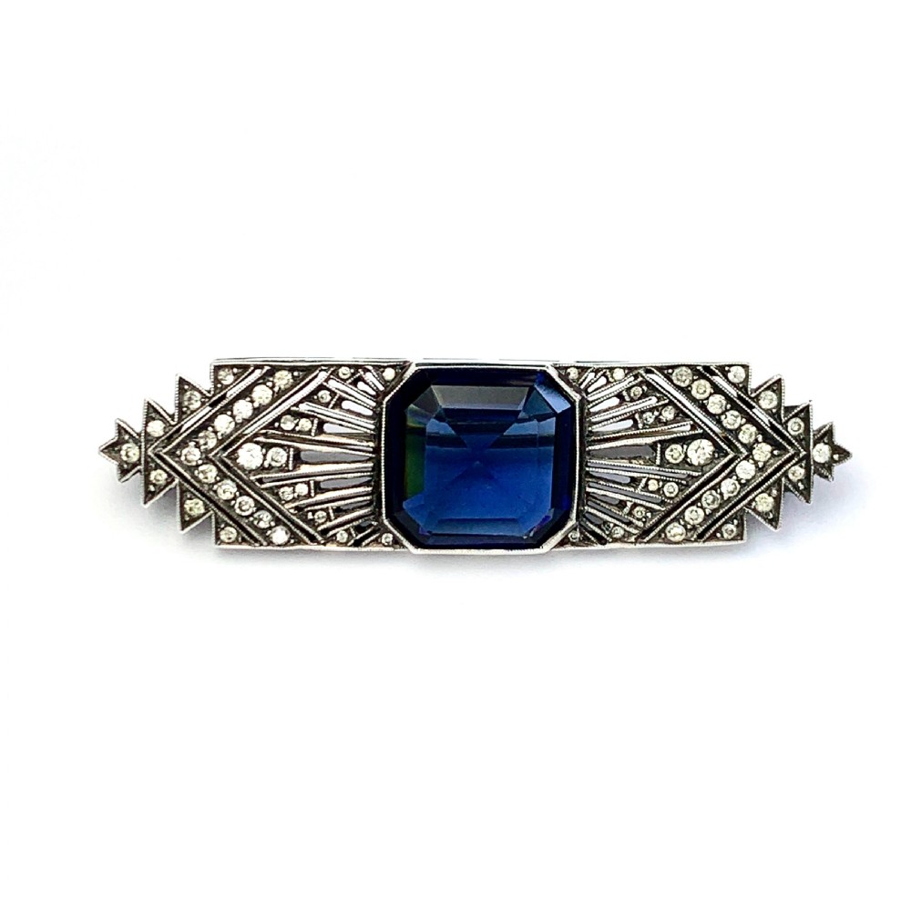 Art Deco Sterling Silver Sapphire Paste Brooch 
