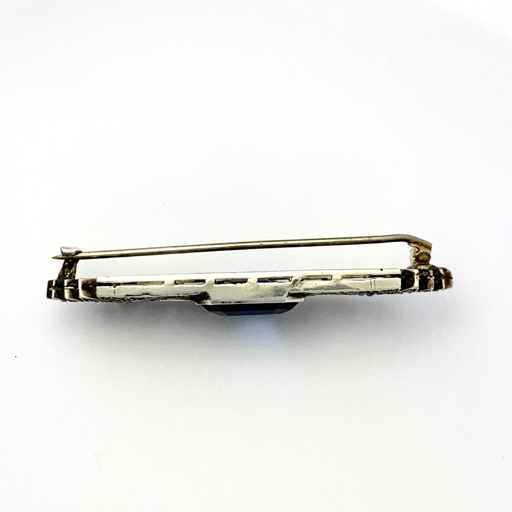 Art Deco Sterling Silver Sapphire Paste Brooch  View V