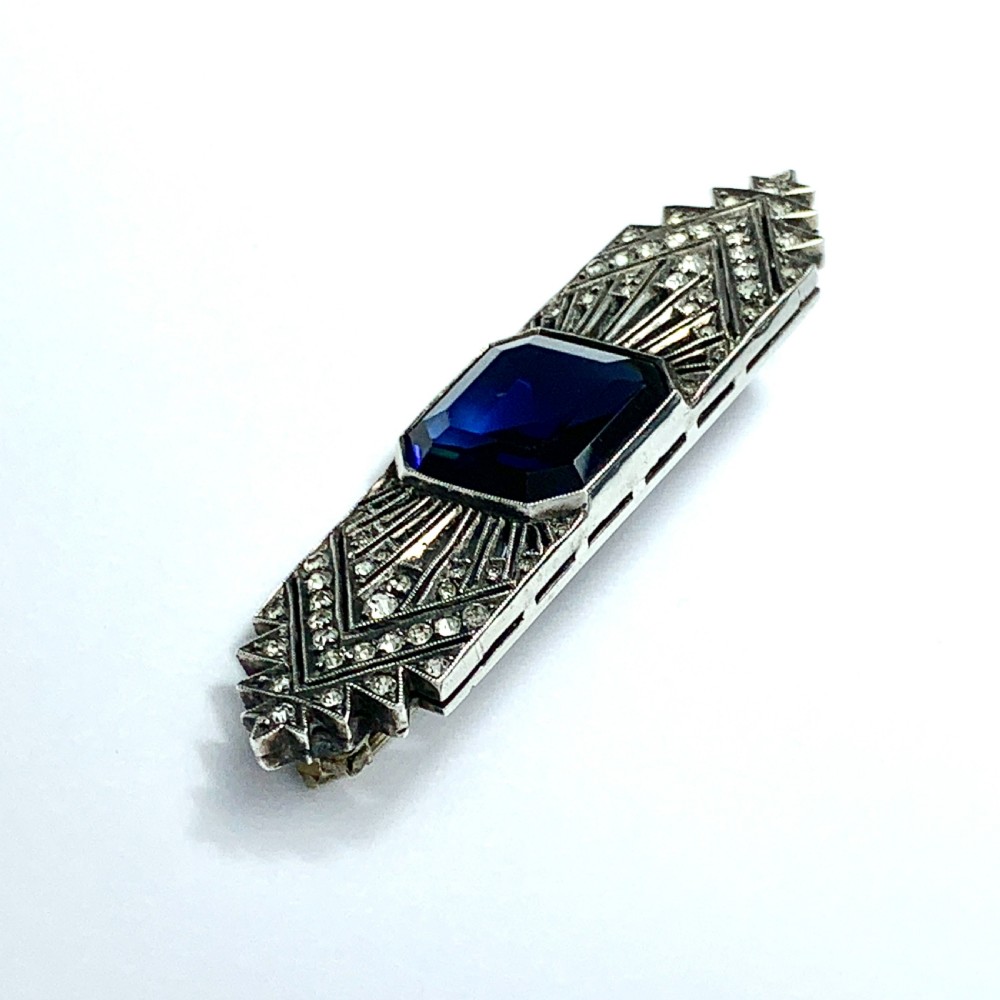 Art Deco Sterling Silver Sapphire Paste Brooch  View VI