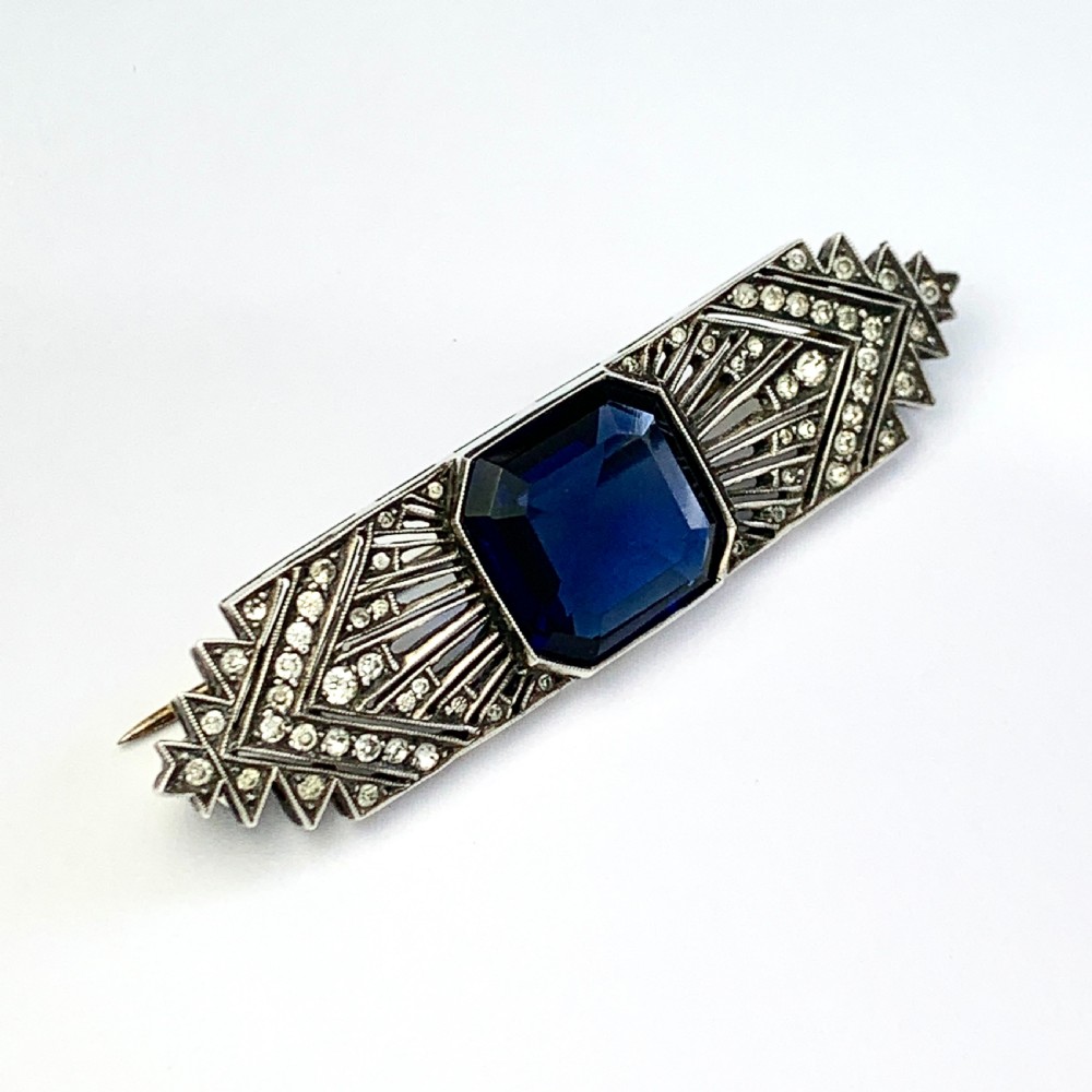 Art Deco Sterling Silver Sapphire Paste Brooch  View VII