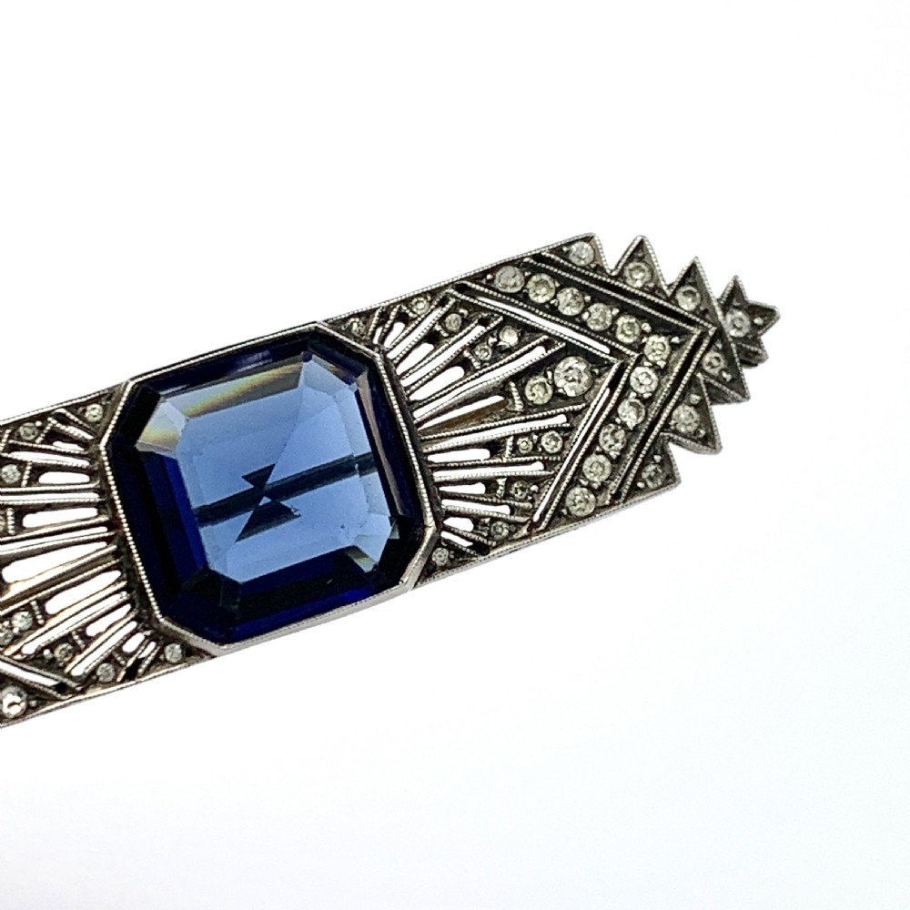 Art Deco Sterling Silver Sapphire Paste Brooch  View VIII