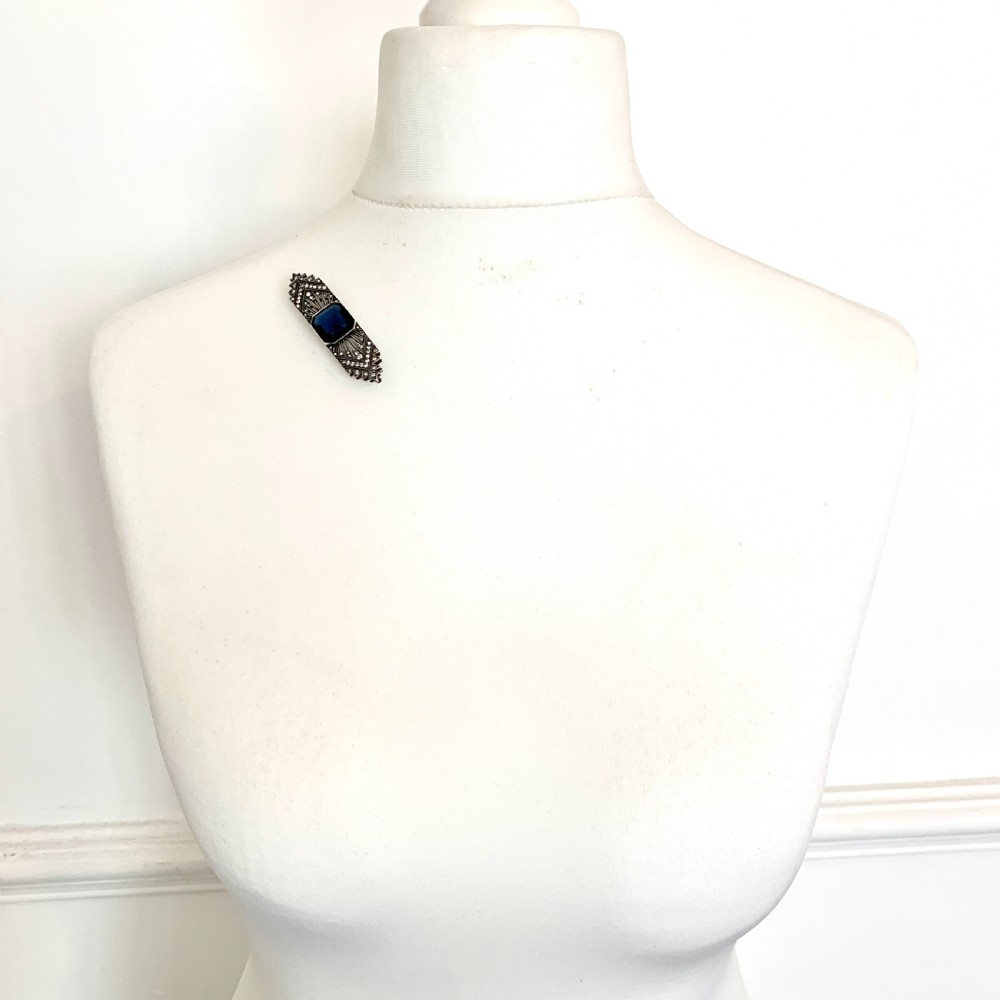 Art Deco Sterling Silver Sapphire Paste Brooch  View IX
