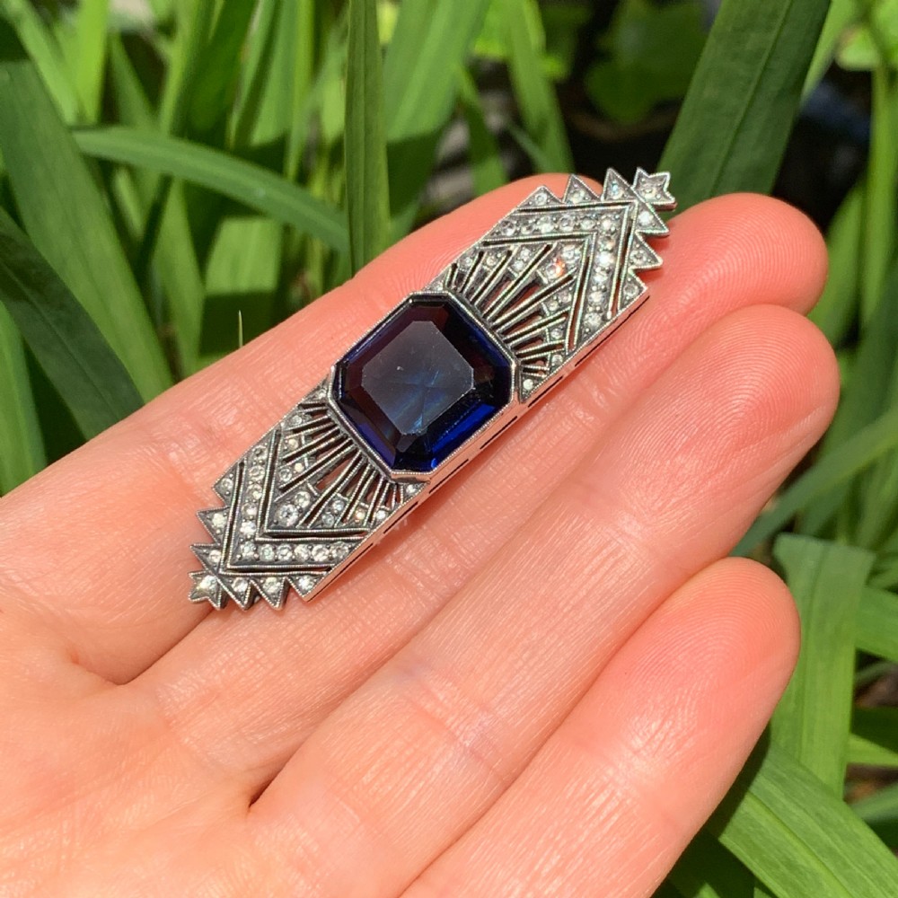 Art Deco Sterling Silver Sapphire Paste Brooch  View X