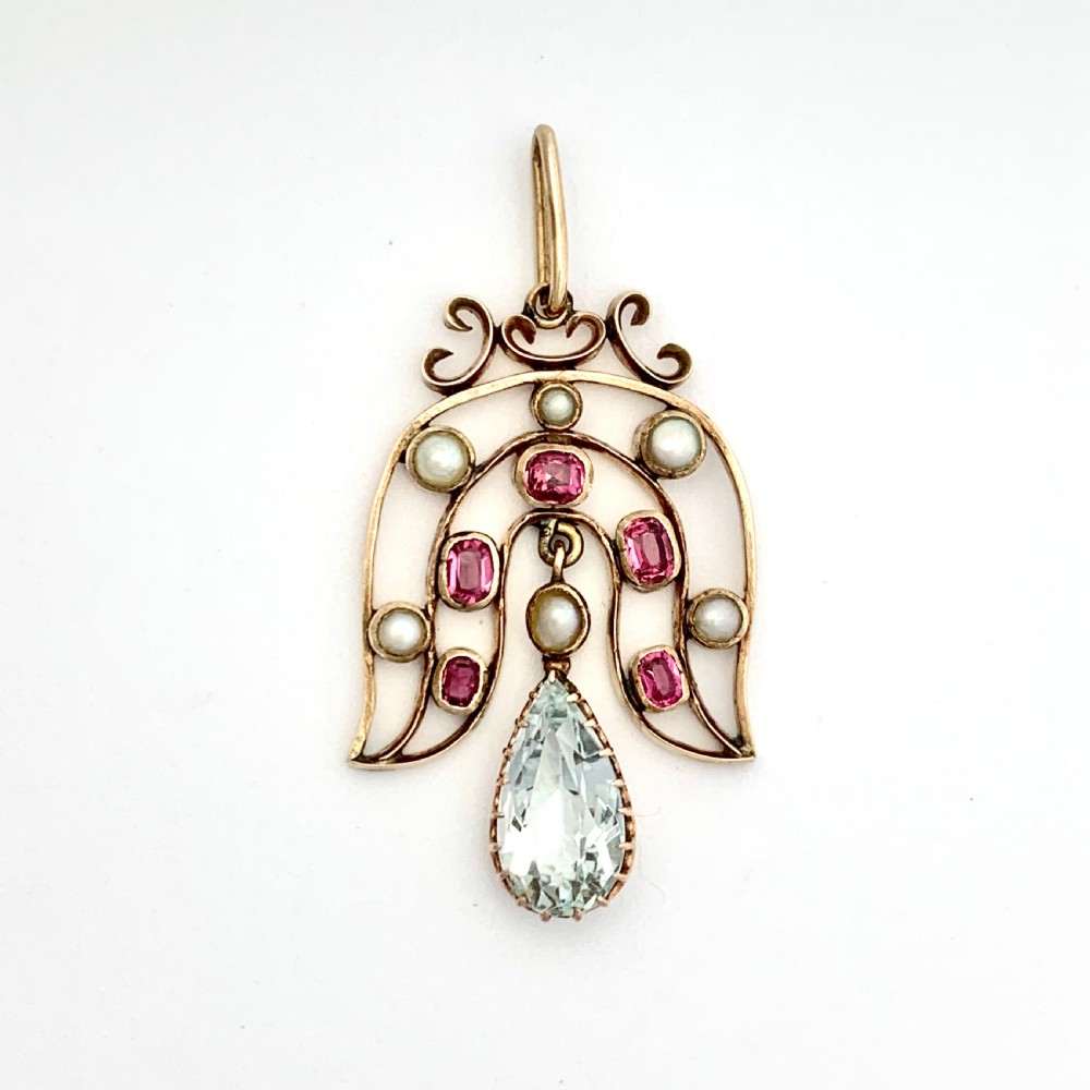 Antique Aquamarine and Pearl Pendant in 9CT Rose Gold