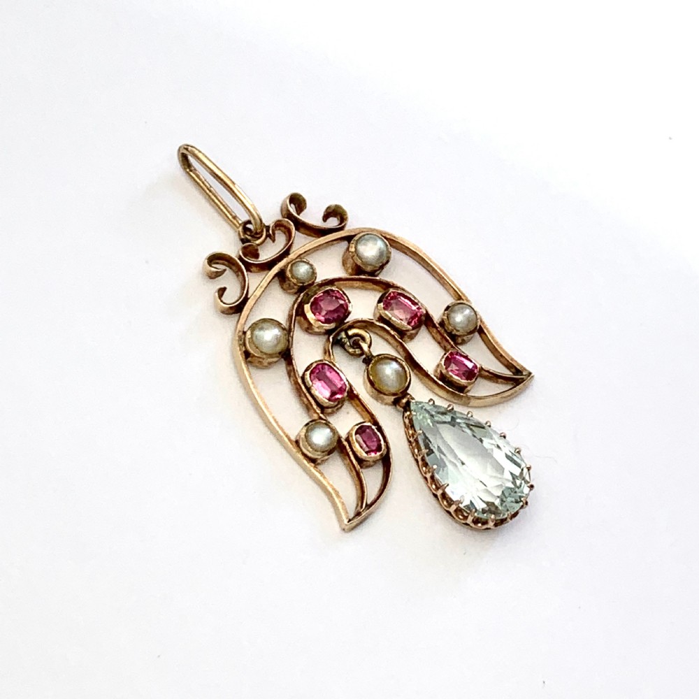 Antique Aquamarine and Pearl Pendant in 9CT Rose Gold View III