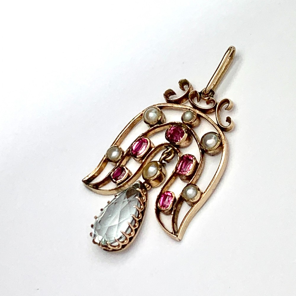 Antique Aquamarine and Pearl Pendant in 9CT Rose Gold View IV