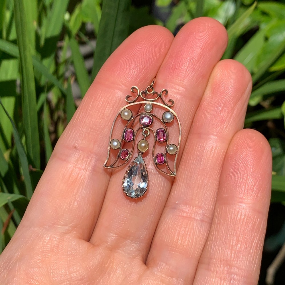 Antique Aquamarine and Pearl Pendant in 9CT Rose Gold View VI